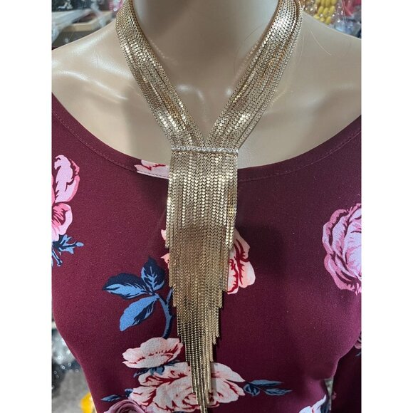 Long necklace gold set fringe bold chain bib tassel & earring statement - Picture 2 of 10